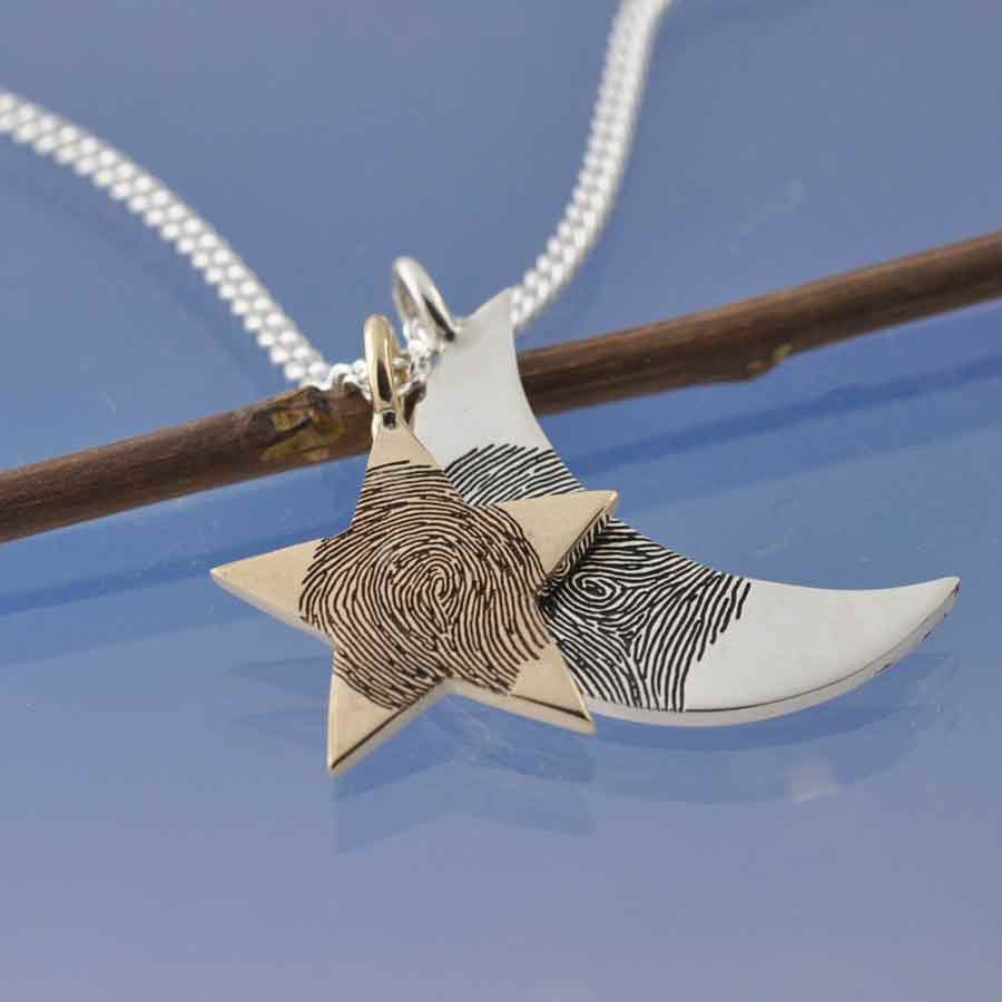 Fingerprint Necklace Moon & Star Pendant by Chris Parry Jewellery