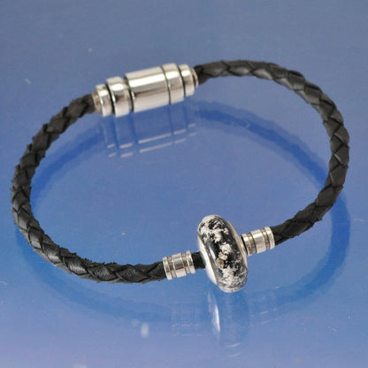 Cremation Ashes Into Glass Bead ON leather bracelet. Bead by Chris Parry Jewellery