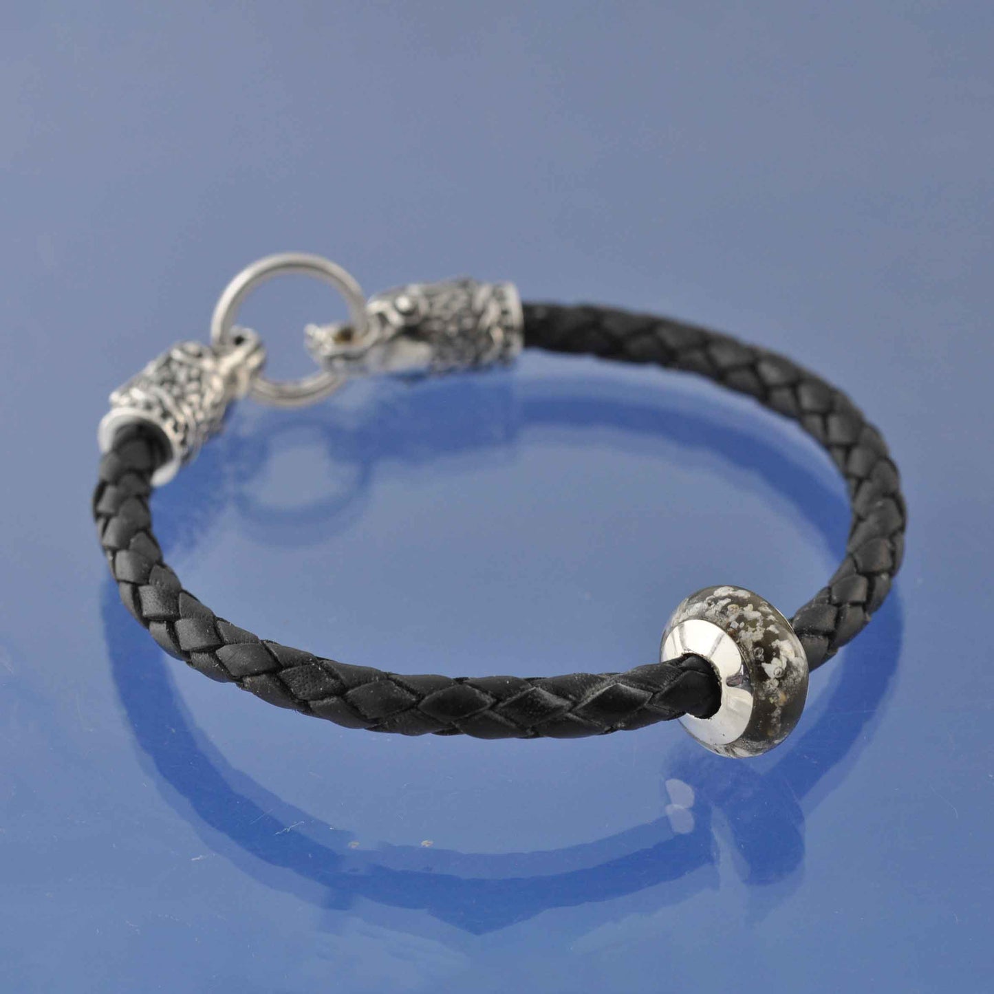 Cremation Ashes Into Glass Bead ON Wolf leather bracelet. Bead by Chris Parry Jewellery