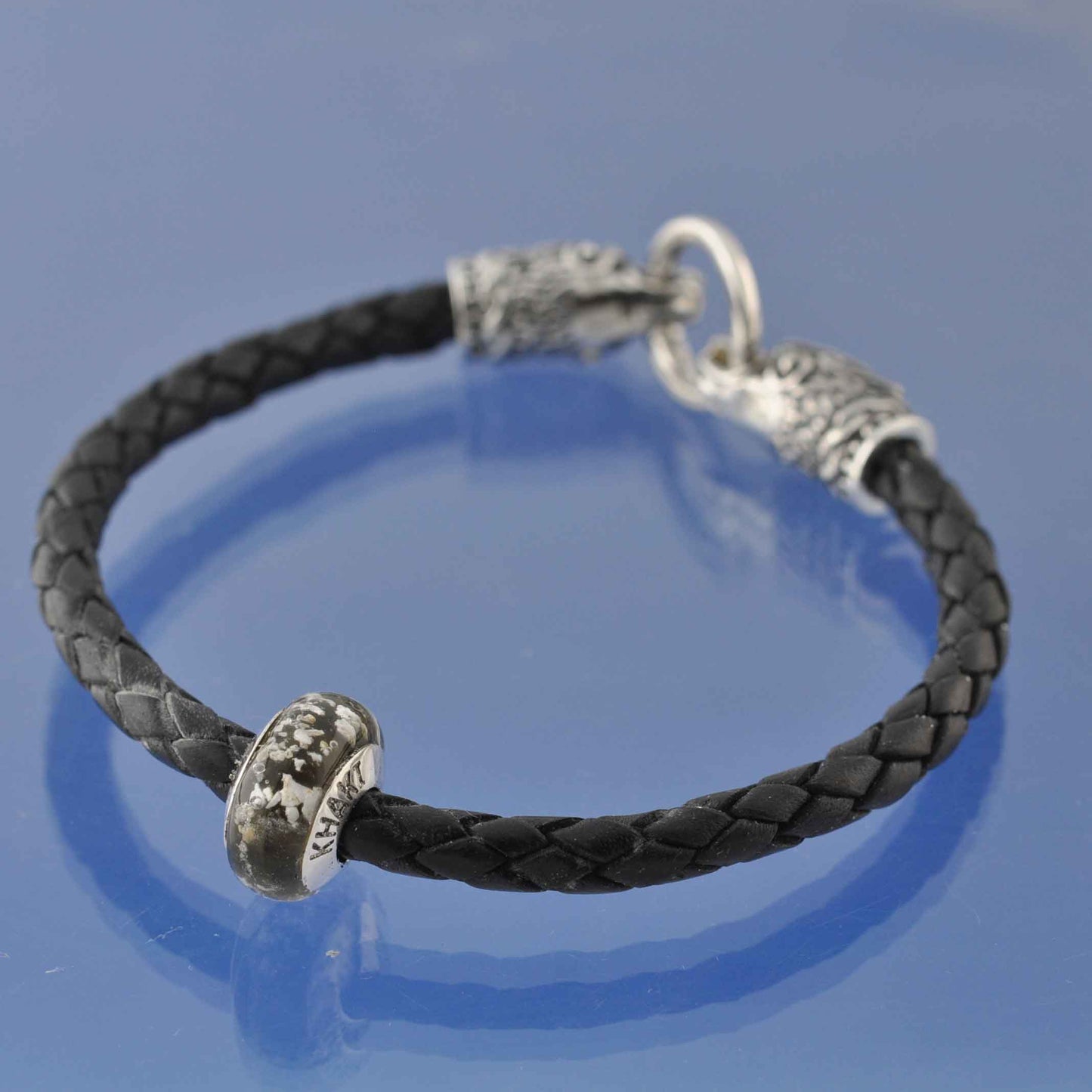 Cremation Ashes Into Glass Bead ON Wolf leather bracelet. Bead by Chris Parry Jewellery