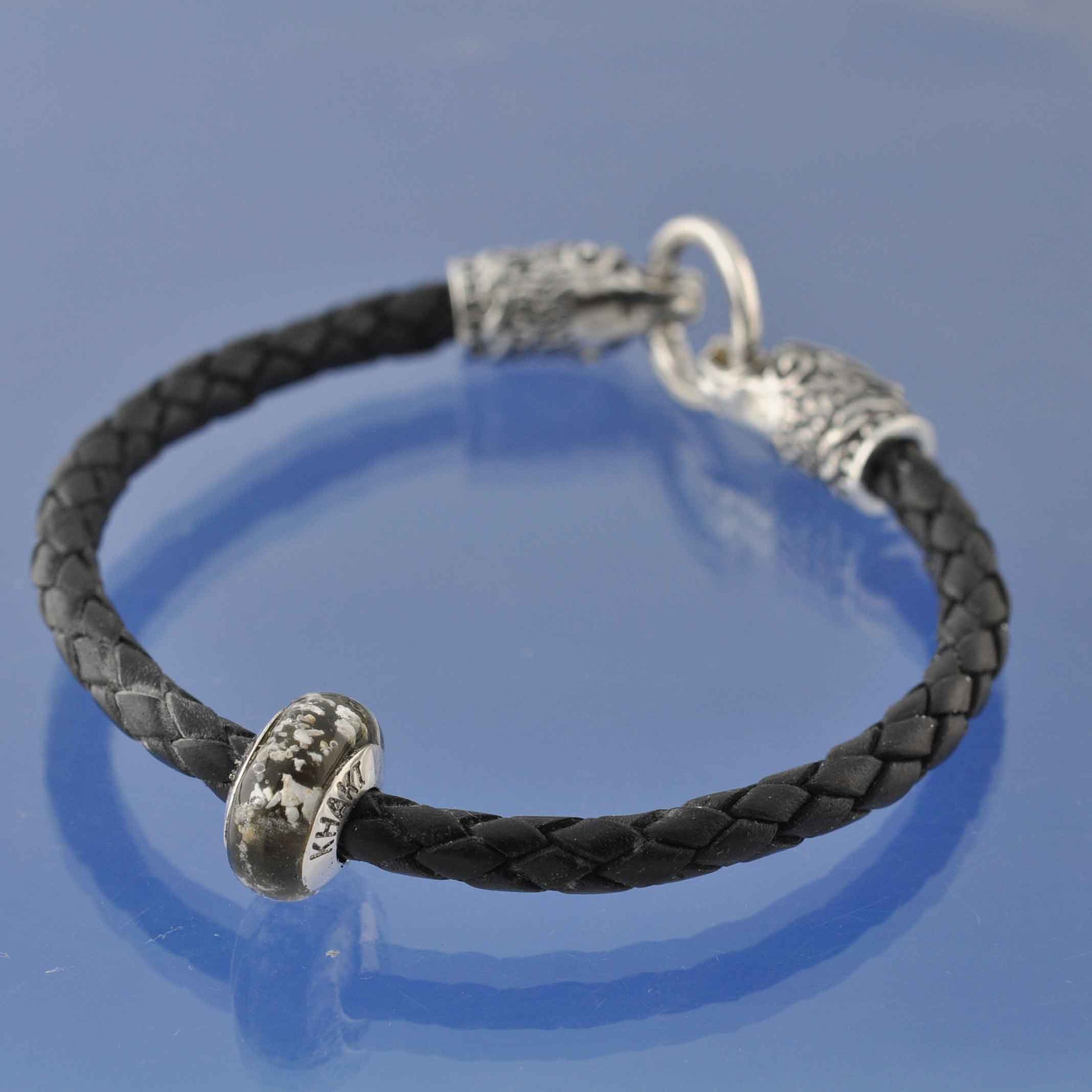 Cremation Ashes Into Glass Bead ON Wolf leather bracelet. Bead by Chris Parry Jewellery