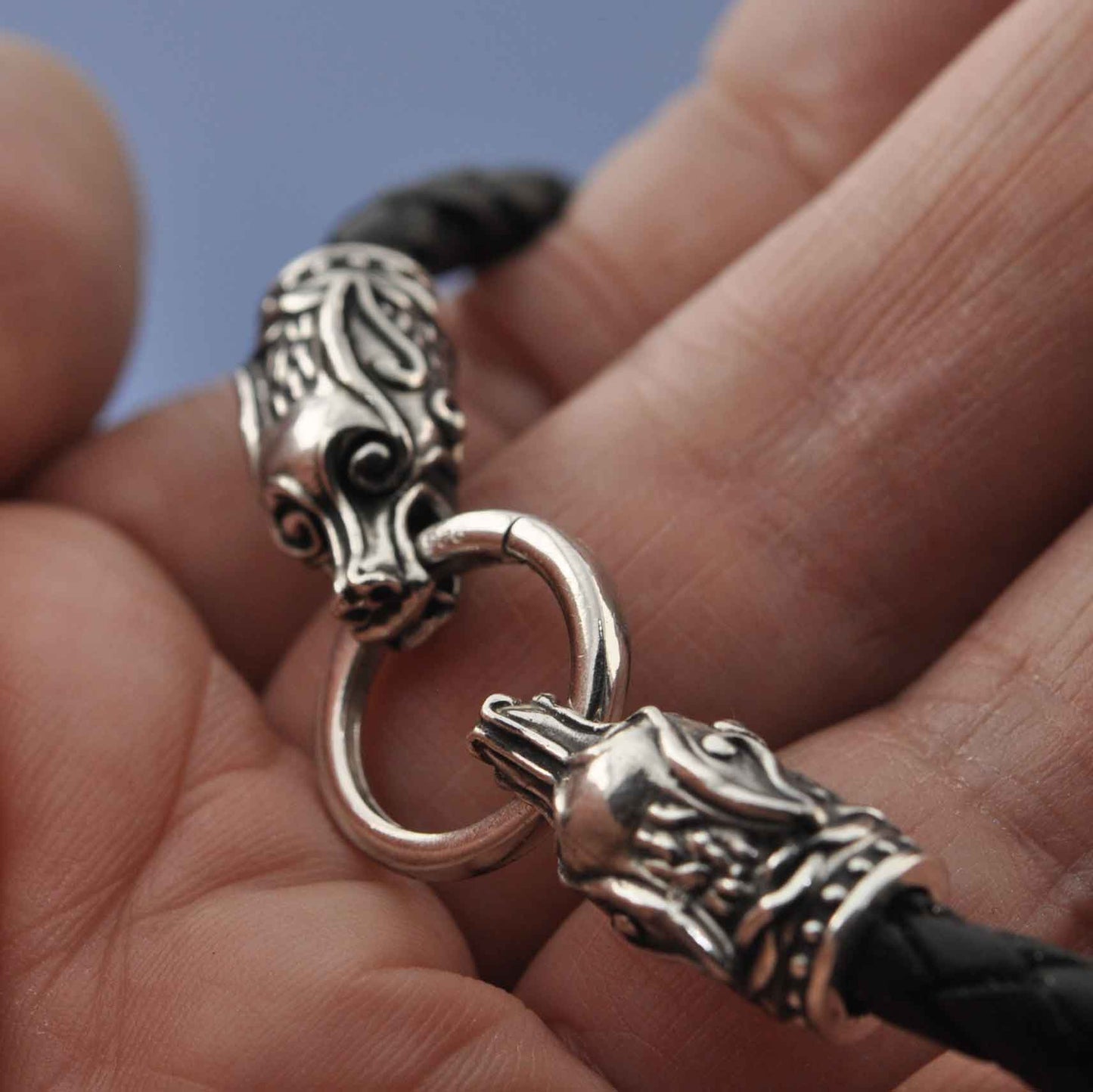 Wolf's Head Leather Bracelet. Bead by Chris Parry Jewellery