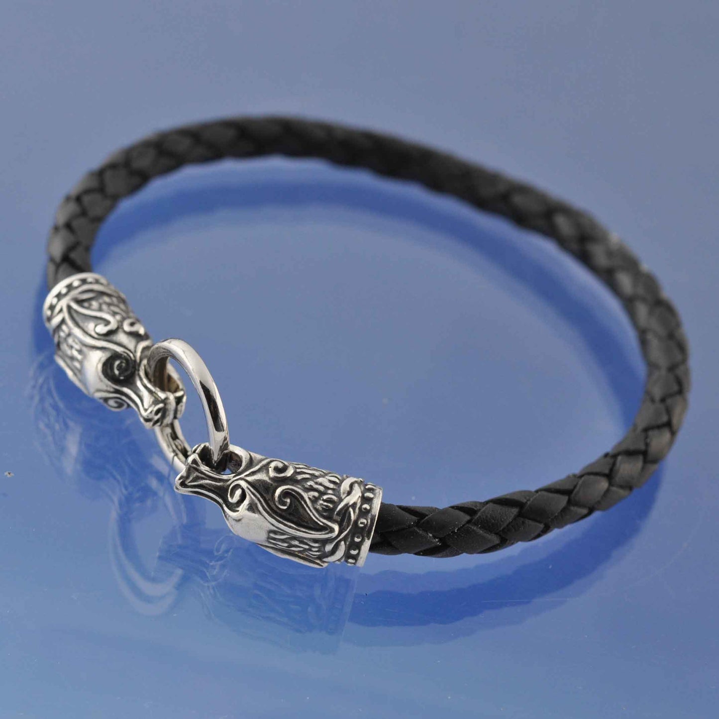 Wolf's Head Leather Bracelet. Bead by Chris Parry Jewellery