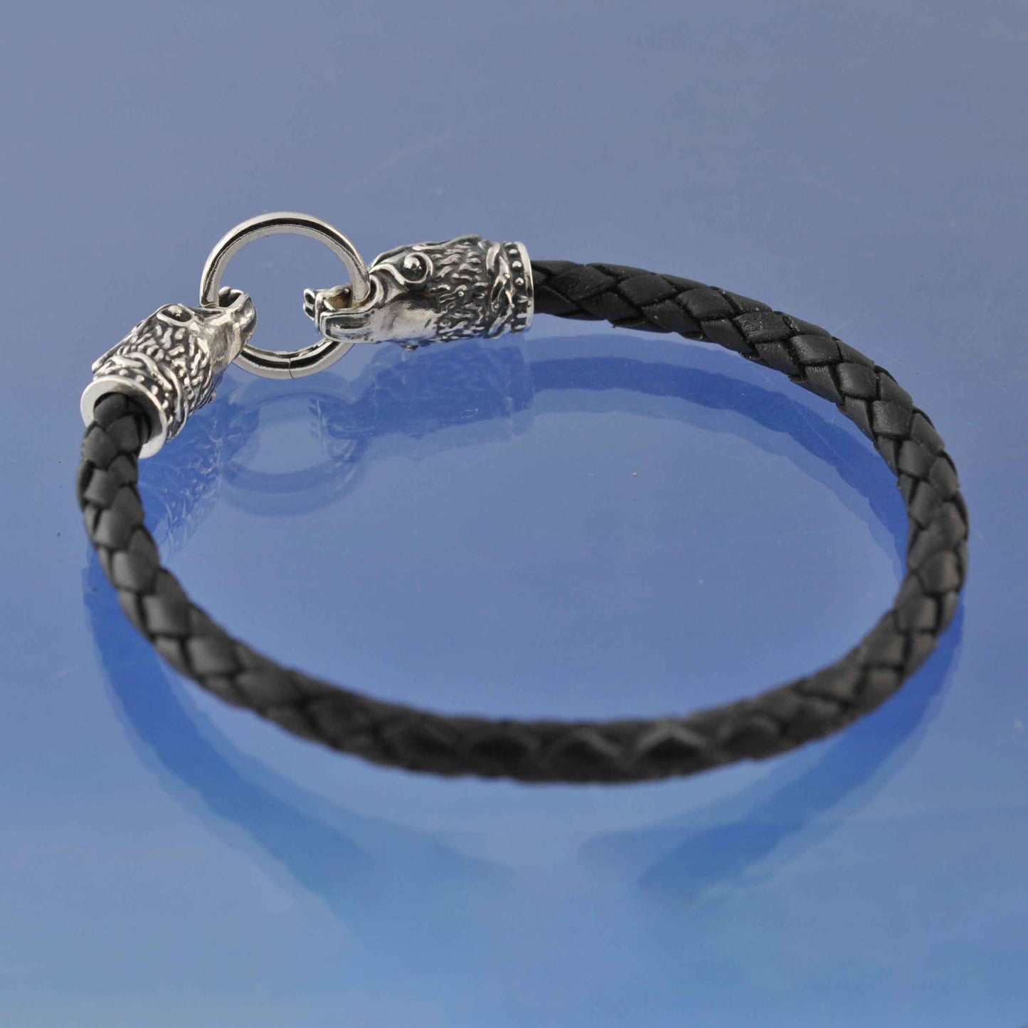 Wolf's Head Leather Bracelet. Bead by Chris Parry Jewellery