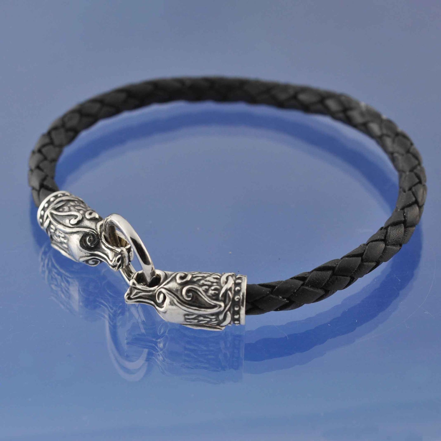 Wolf's Head Leather Bracelet. Bead by Chris Parry Jewellery