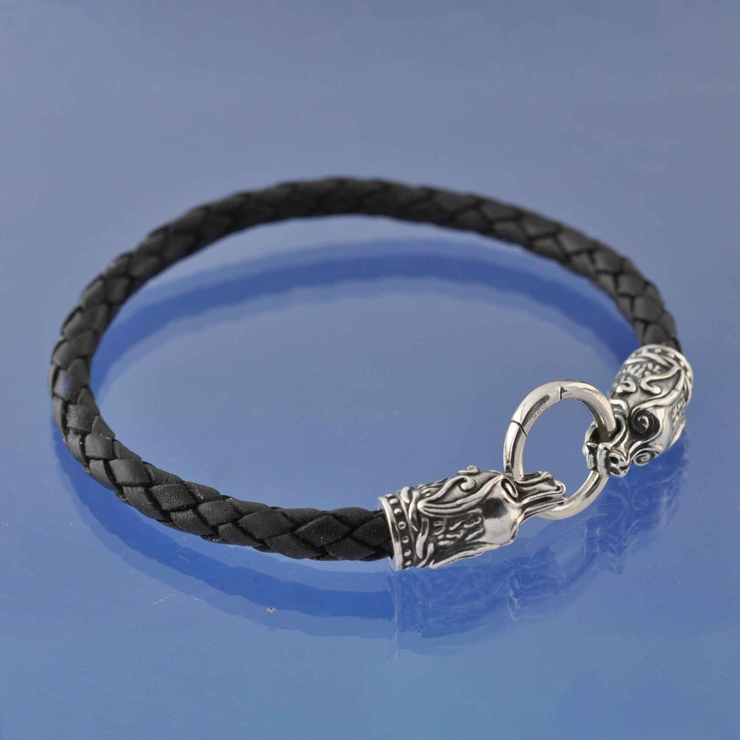 Wolf's Head Leather Bracelet. Bead by Chris Parry Jewellery
