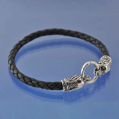 Wolf's Head Leather Bracelet. Bead by Chris Parry Jewellery