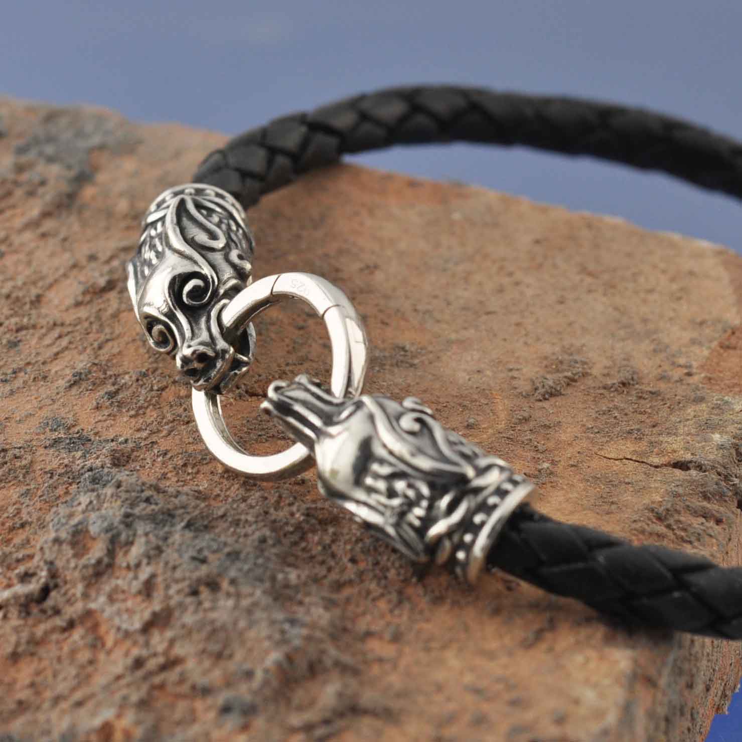 Wolf's Head Leather Bracelet. Bead by Chris Parry Jewellery