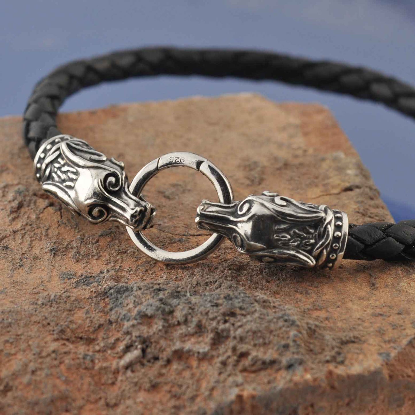 Wolf's Head Leather Bracelet. Bead by Chris Parry Jewellery
