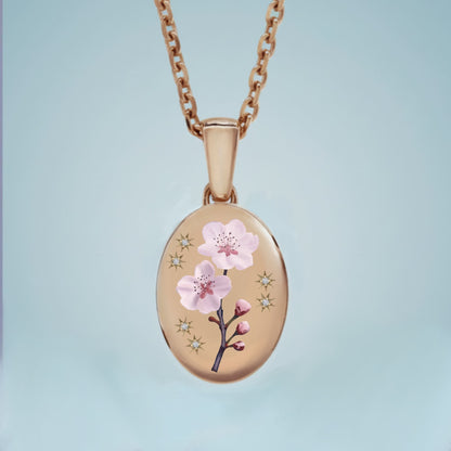 18k Yellow Gold Champleve Enamelled Cremation Ash Pendant. Cherry Blossom. Pendant by Chris Parry Jewellery