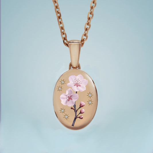 18k Yellow Gold Champleve Enamelled Cremation Ash Pendant. Cherry Blossom. Pendant by Chris Parry Jewellery