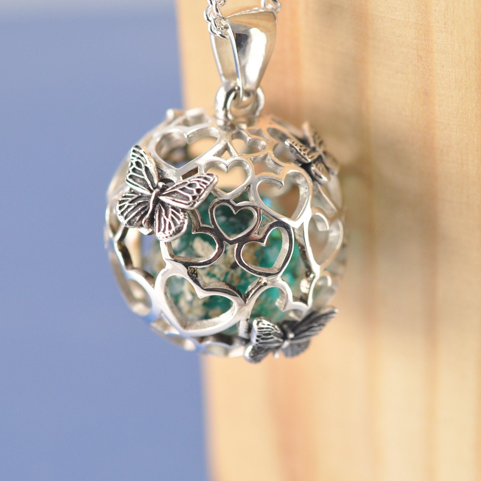 Butterfly Heart Sphere Cremation Ash Marble Necklace Pendant by Chris Parry Jewellery