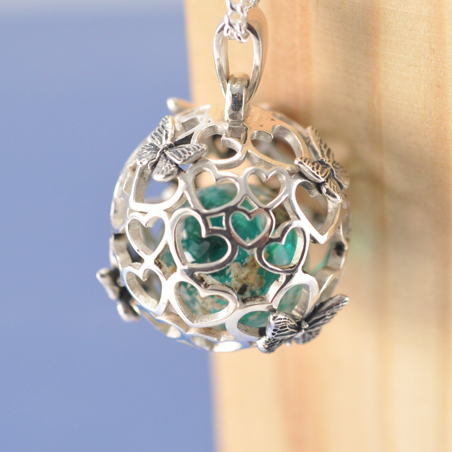 Butterfly Heart Sphere Cremation Ash Marble Necklace Pendant by Chris Parry Jewellery