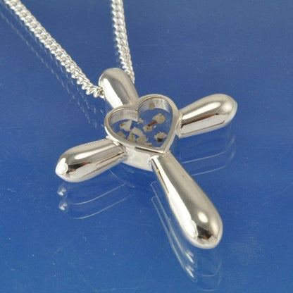 Cremation Ash Heart within Bulbous Cross Necklace Pendant by Chris Parry Jewellery