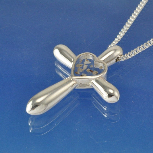 Cremation Ash Heart within Bulbous Cross Necklace Pendant by Chris Parry Jewellery