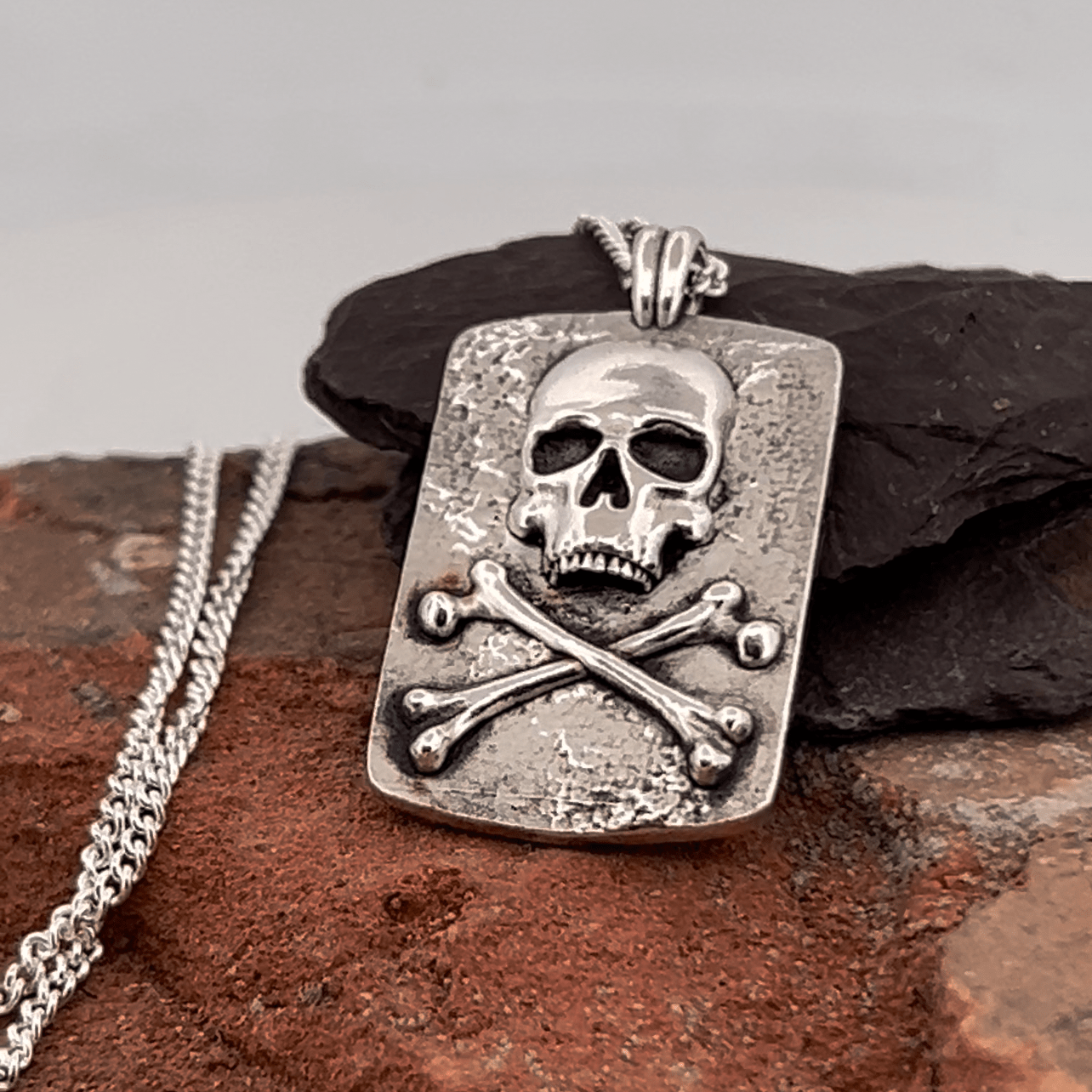 Skull & Cross Bones Dog Tag Pendant by Chris Parry Jewellery