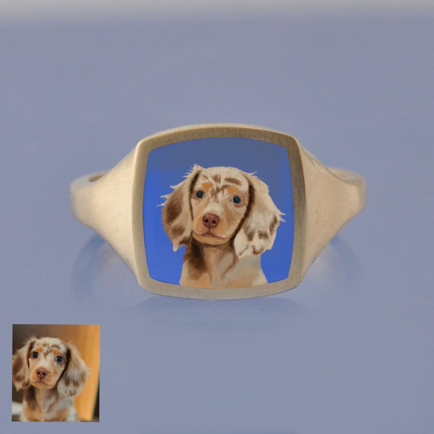 18k Yellow Gold Champleve Enamelled Cushion Signet. Ashes Ring - Pet Portrait Ring by Chris Parry Jewellery