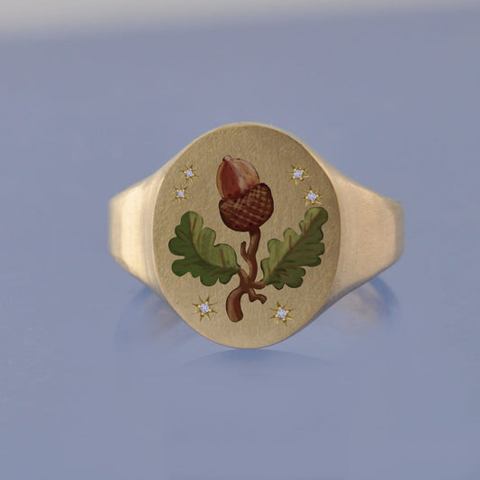 18k Yellow Gold Champleve Enamelled Signet. Ashes Ring - Acorn Ring by Chris Parry Jewellery