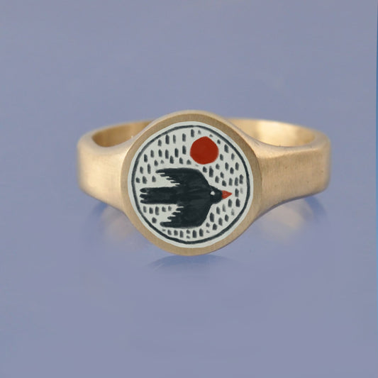 18k Yellow Gold Champleve Enamelled Signet. Ashes Ring. Black Bird Ring by Chris Parry Jewellery