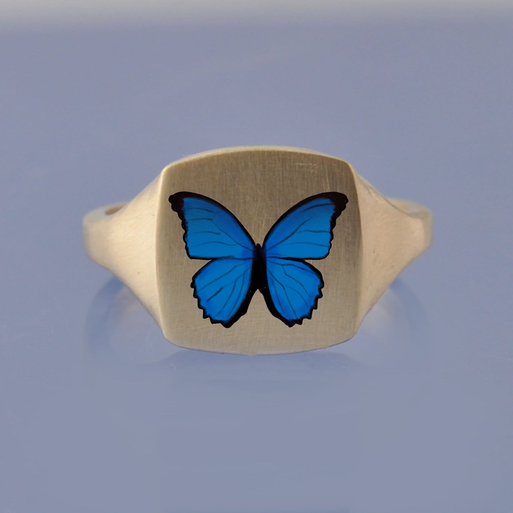 18k Yellow Gold Champleve Enamelled Signet. Ashes Ring. Blue Morpho Butterfly Ring by Chris Parry Jewellery