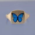 18k Yellow Gold Champleve Enamelled Signet. Ashes Ring. Blue Morpho Butterfly Ring by Chris Parry Jewellery