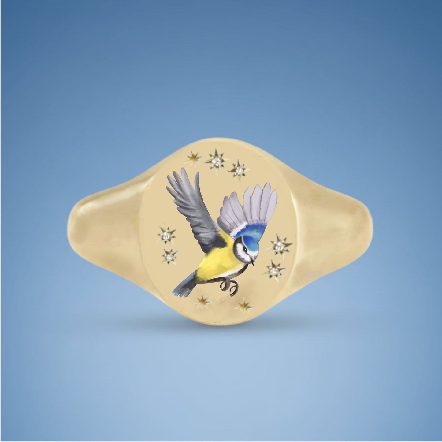18k Yellow Gold Champleve Enamelled Signet. Ashes Ring - Blue Tit Ring by Chris Parry Jewellery