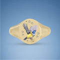 18k Yellow Gold Champleve Enamelled Signet. Ashes Ring - Blue Tit Ring by Chris Parry Jewellery