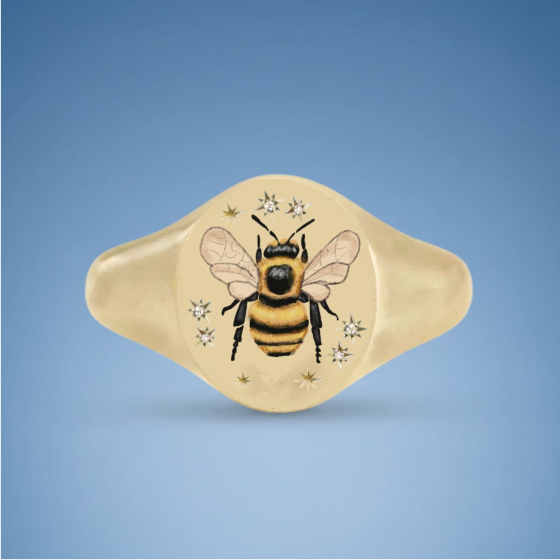 18k Yellow Gold Champleve Enamelled Signet. Ashes Ring. Bumble Bee Ring by Chris Parry Jewellery