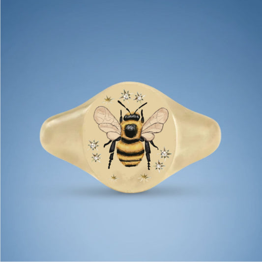 18k Yellow Gold Champleve Enamelled Signet. Ashes Ring. Bumble Bee Ring by Chris Parry Jewellery
