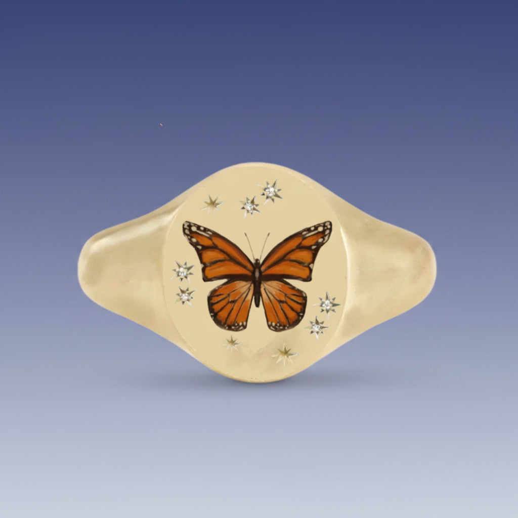 18k Yellow Gold Champleve Enamelled Signet. Ashes Ring - Butterfly Ring by Chris Parry Jewellery