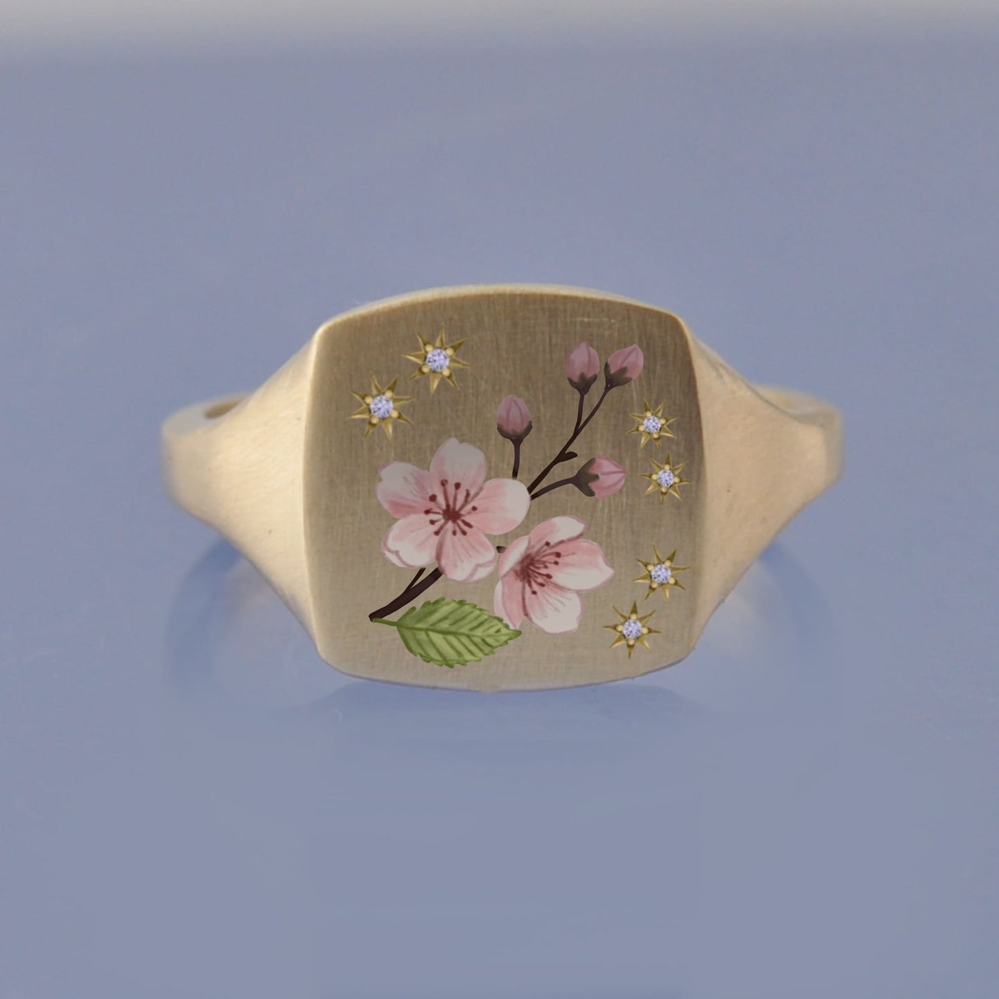 18k Yellow Gold Champleve Enamelled Signet. Ashes Ring. Cherry Blossom Ring by Chris Parry Jewellery