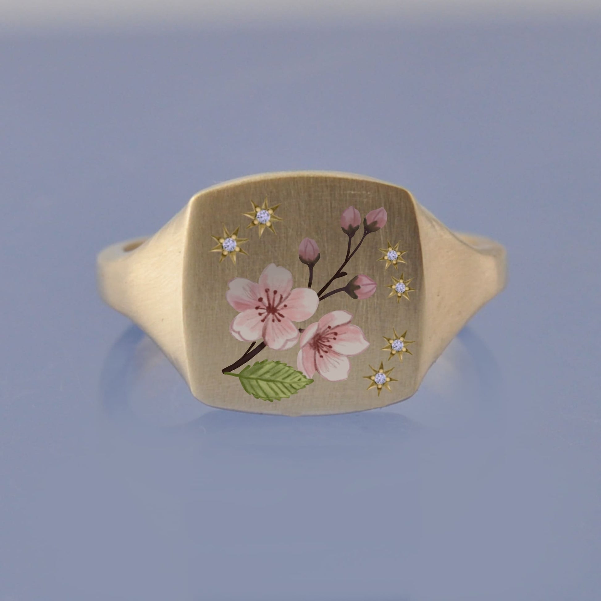 18k Yellow Gold Champleve Enamelled Signet. Ashes Ring. Cherry Blossom Ring by Chris Parry Jewellery