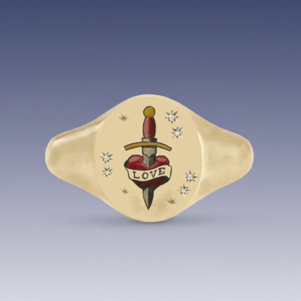 18k Yellow Gold Champleve Enamelled Signet. Ashes Ring - Heart Dagger Ring by Chris Parry Jewellery