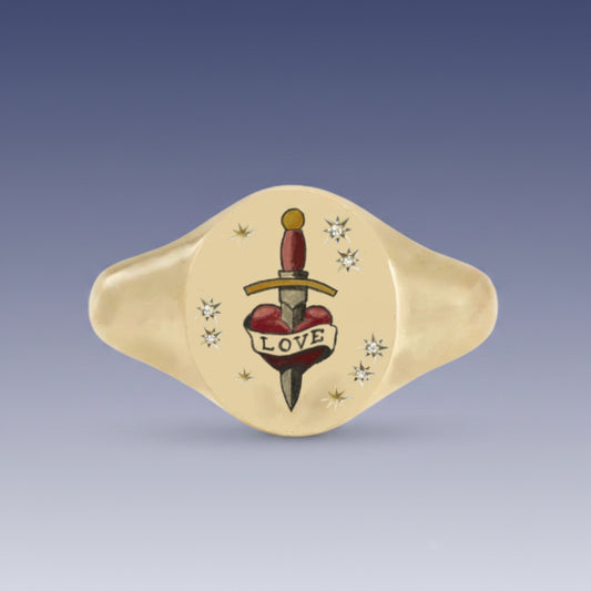18k Yellow Gold Champleve Enamelled Signet. Ashes Ring - Heart Dagger Ring by Chris Parry Jewellery