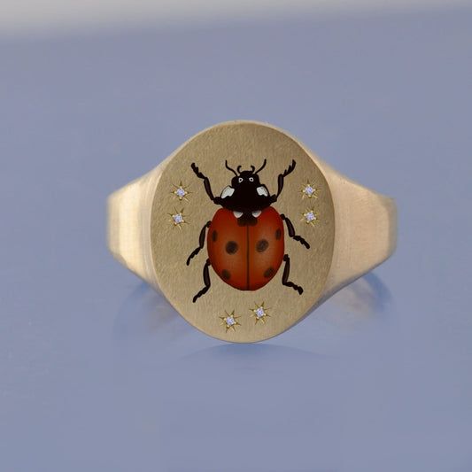 18k Yellow Gold Champleve Enamelled Signet. Ashes Ring - Ladybird Ring by Chris Parry Jewellery