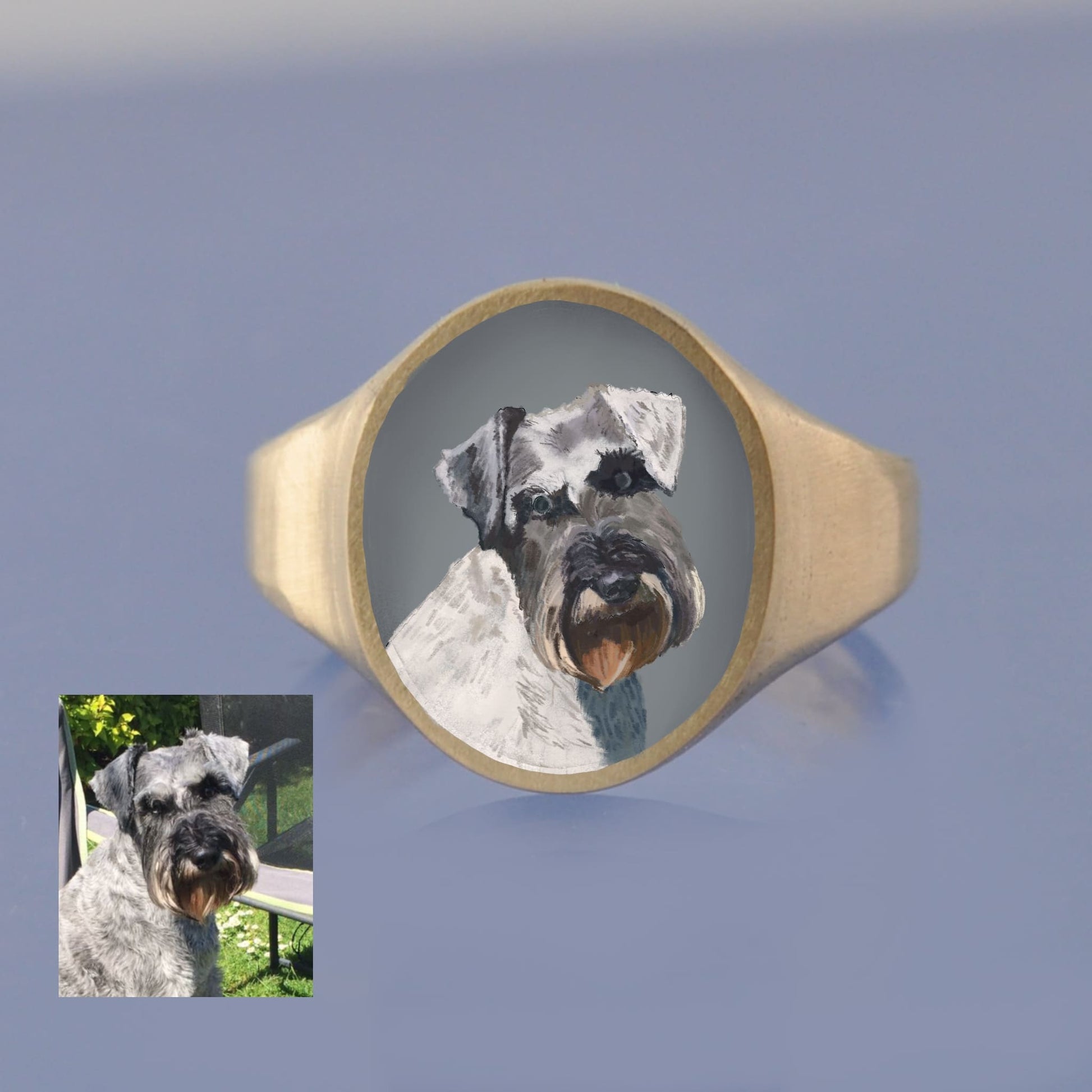 18k Yellow Gold Champleve Enamelled Signet. Ashes Ring - Pet Portrait Ring by Chris Parry Jewellery