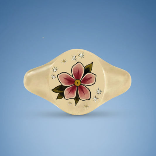 18k Yellow Gold Champleve Enamelled Signet. Ashes Ring - Pink Petunia Ring by Chris Parry Jewellery
