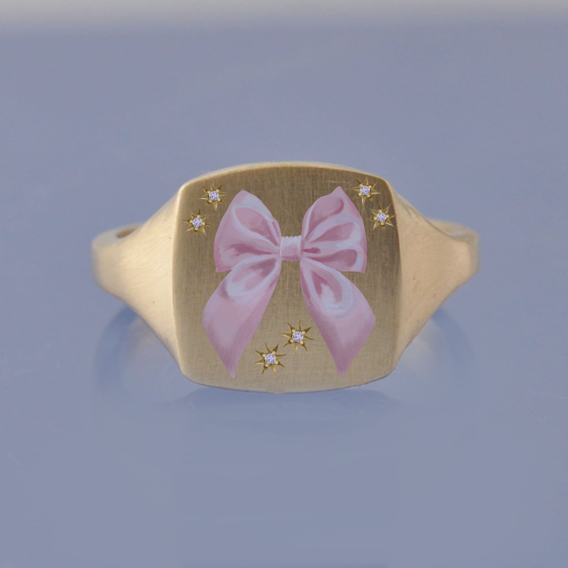 18k Yellow Gold Champleve Enamelled Signet. Ashes Ring. Pink Ribbon Ring by Chris Parry Jewellery