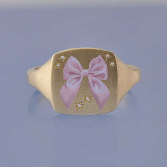 18k Yellow Gold Champleve Enamelled Signet. Ashes Ring. Pink Ribbon Ring by Chris Parry Jewellery