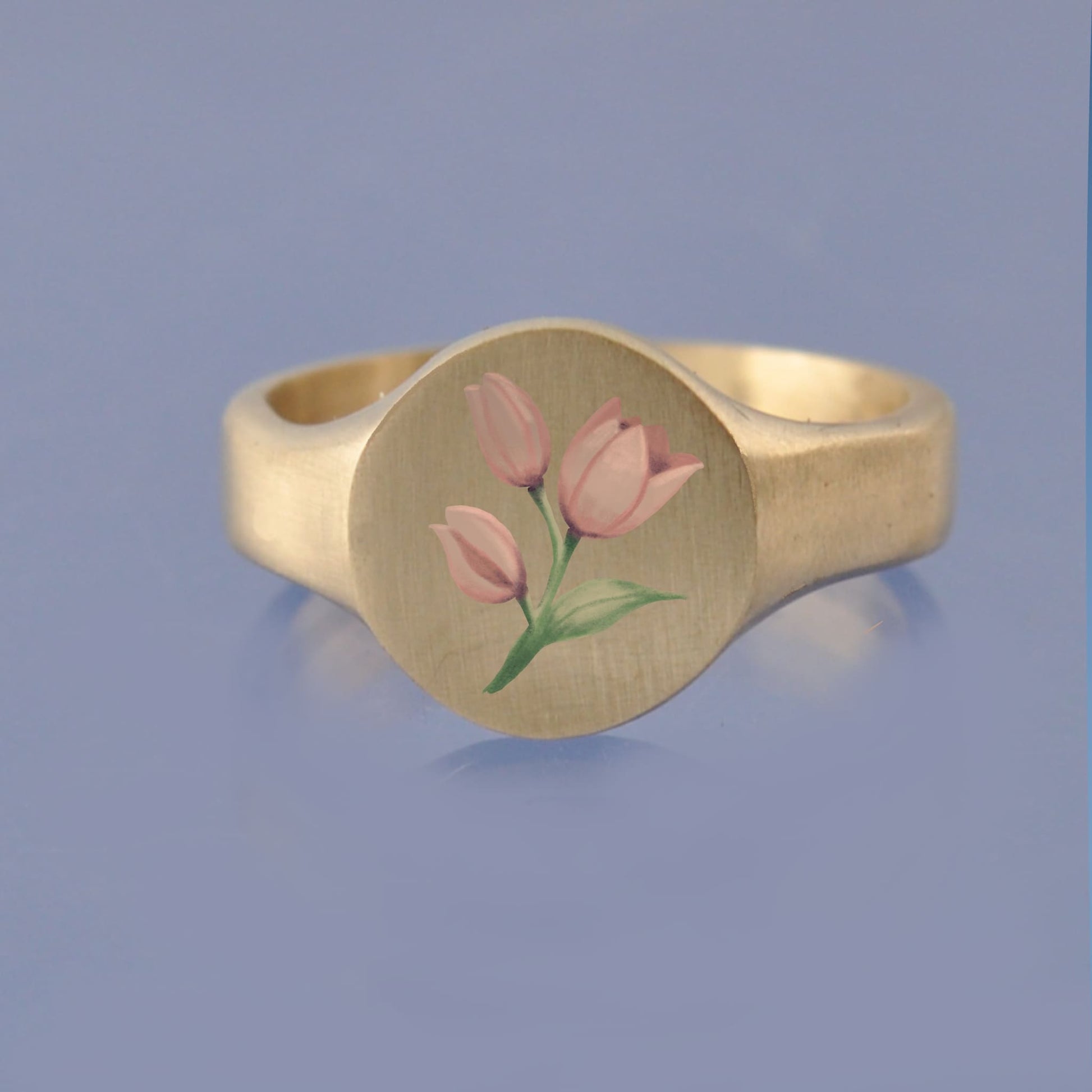 18k Yellow Gold Champleve Enamelled Signet. Ashes Ring. Pink Tulips Ring by Chris Parry Jewellery