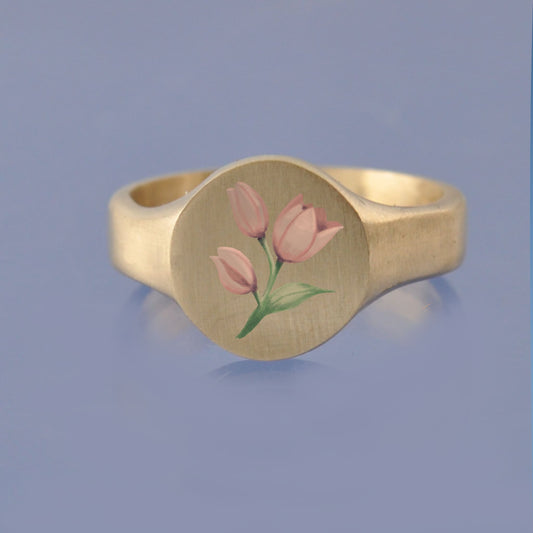 18k Yellow Gold Champleve Enamelled Signet. Ashes Ring. Pink Tulips Ring by Chris Parry Jewellery