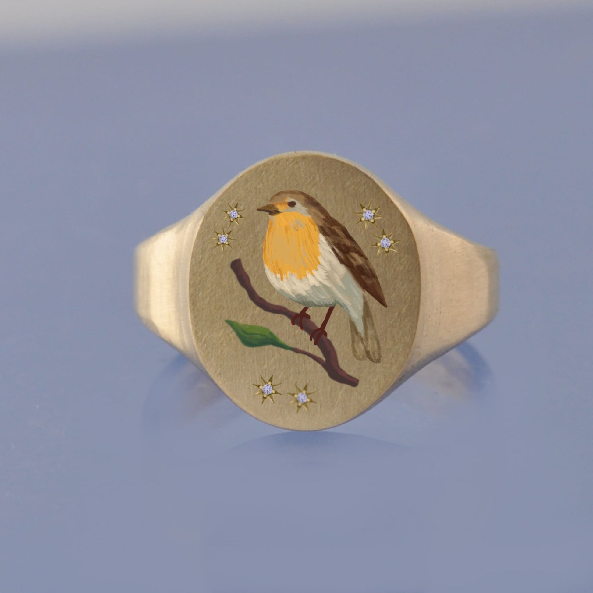 18k Yellow Gold Champleve Enamelled Signet. Ashes Ring - Robin Redbreast Ring by Chris Parry Jewellery