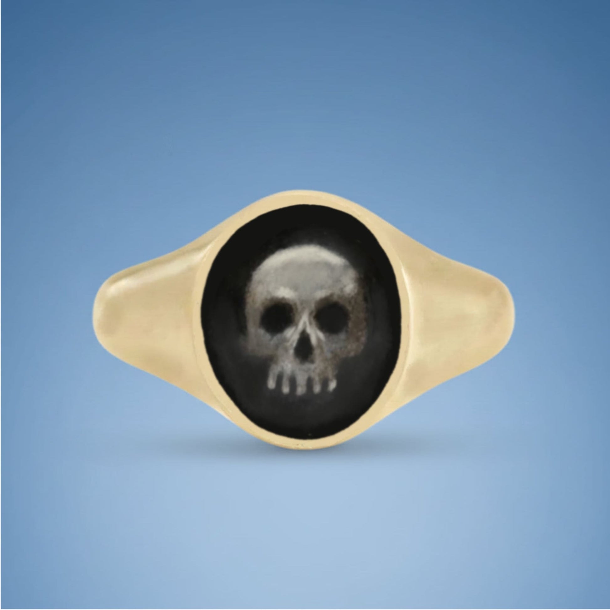 18k Yellow Gold Champleve Enamelled Signet. Ashes Ring - Skull Ring by Chris Parry Jewellery