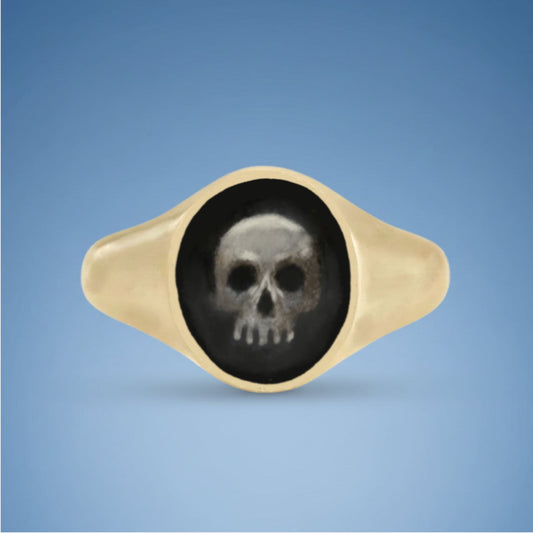 18k Yellow Gold Champleve Enamelled Signet. Ashes Ring - Skull Ring by Chris Parry Jewellery