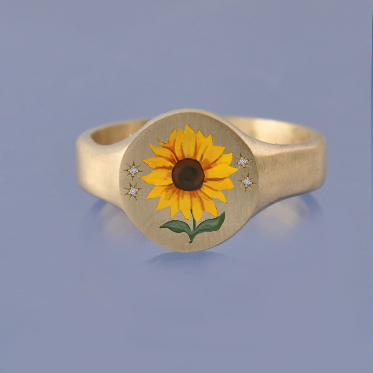 18k Yellow Gold Champleve Enamelled Signet. Ashes Ring. Sunflower Ring by Chris Parry Jewellery