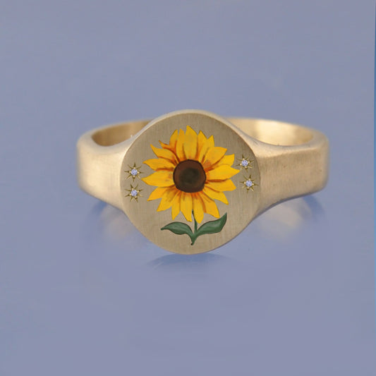 18k Yellow Gold Champleve Enamelled Signet. Ashes Ring. Sunflower Ring by Chris Parry Jewellery