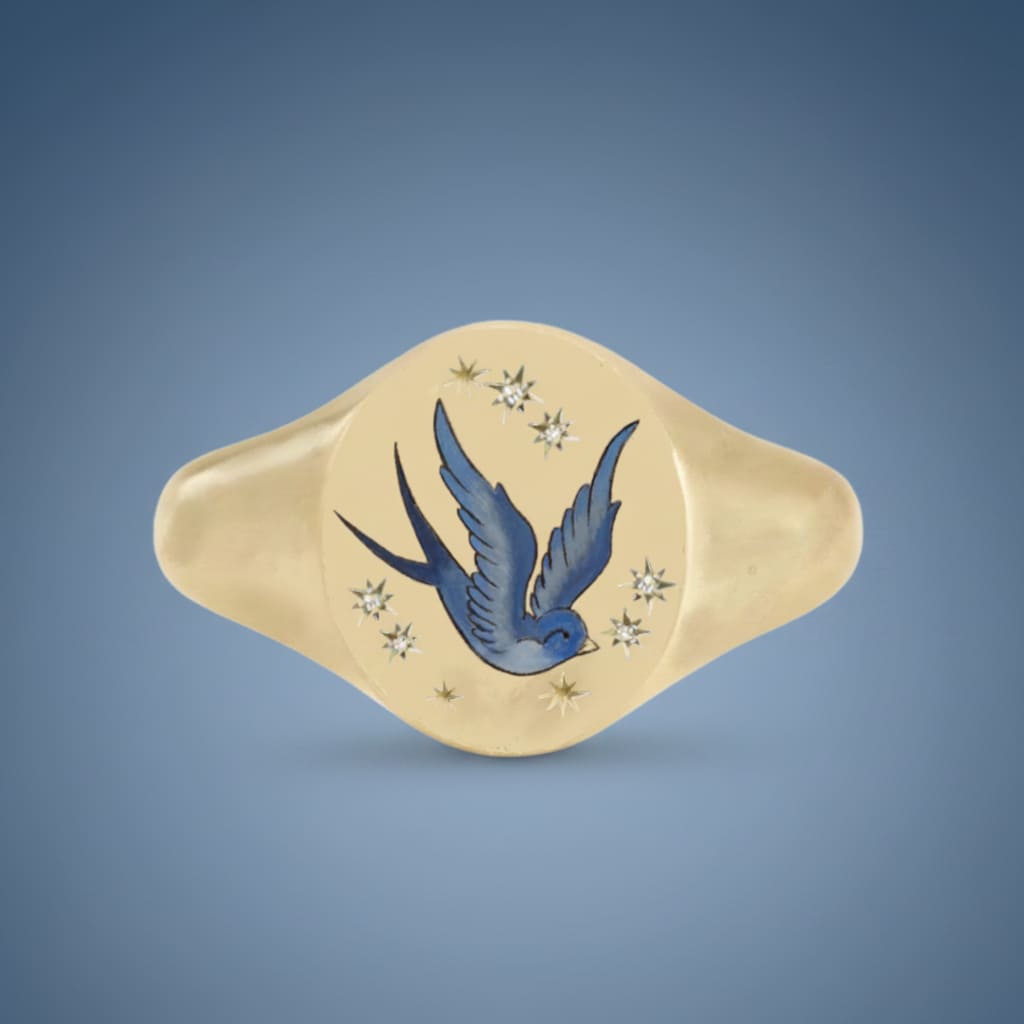 18k Yellow Gold Champleve Enamelled Signet. Ashes Ring - Swallow Ring by Chris Parry Jewellery
