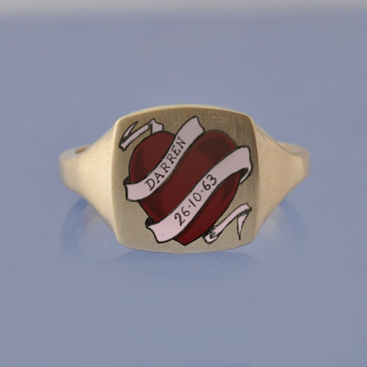18k Yellow Gold Champleve Enamelled Signet. Ashes Ring. Wrapped Heart Ring by Chris Parry Jewellery